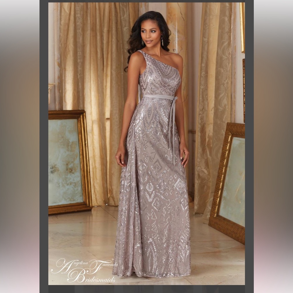 Angelina Faccenda 20486 One Shoulder Sequin Bridesmaid Gown Taupe Size:2 EUC